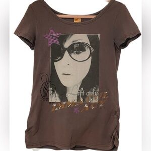 Generation Y graphic t side ruching features rhinestones and glitter as M OO